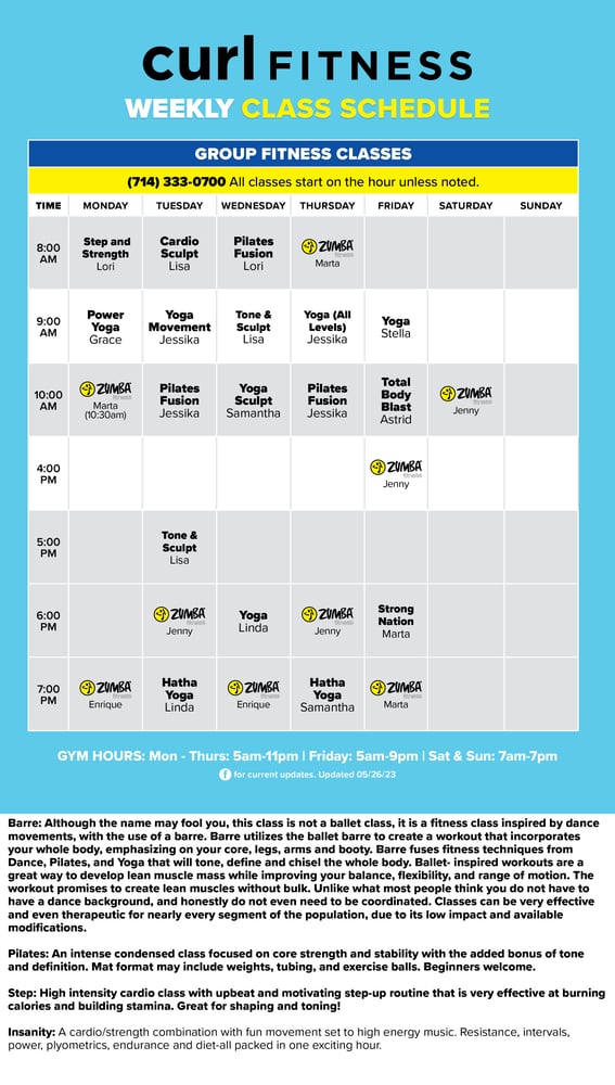 Curl Fitness Class Schedule