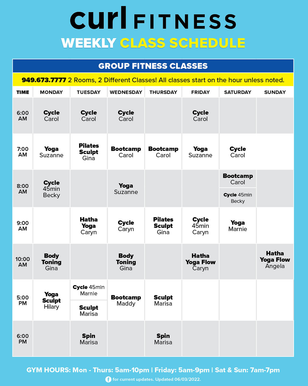 Curl NB Class Schedule